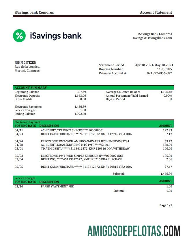 Comoros ISavings modelo de extrato bancário